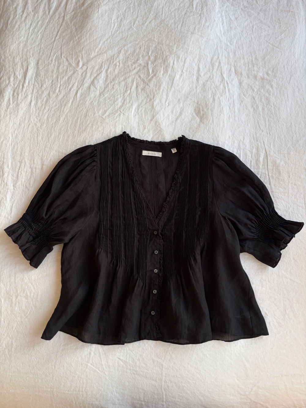 Doen Karlie Ramie Ruffle Pintuck Short Puff Sleeve Shoulder Blouse Top Black - Picture 4 of 11